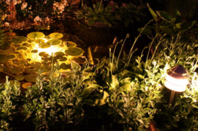 Beleuchteter Teich mit Wegeleuchten